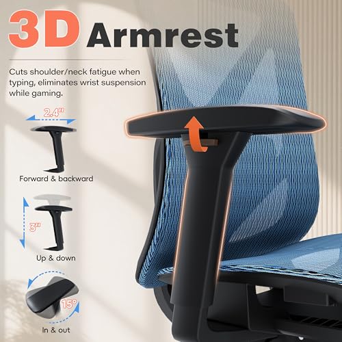 Image of GABRYLLY Ergonomic Office Chair - 135 Reclining Desk Chair with Adjustable Lumbar Support, 3D Armrest, Large Headrest & Heavy Duty Steel Base, 300LBS Mesh Task Chair, Navy Blue