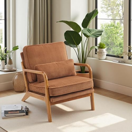 Bonnlo Sessel Gepolsterter Cocktailsessel, Moderner loungesessel, Ohrensessel für Wohnzimmer, Polsterstuhl mit Massivholz, Lesesessel, bis 200 kg belastbar, Cord-Stoff (Braun)