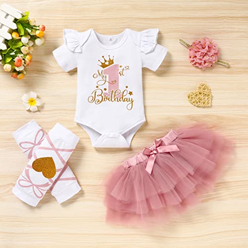 Image of GRNSHTS Baby Girl Birthday Cake Smash Outfit Toddler Girl My 1st Birthday Romper Tutu Skirt with Headband Clothes Set