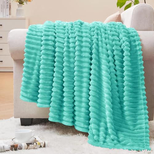 Image of BEDELITE Fleece Throw Blanket for Couch - 3D Ribbed Jacquard Soft and Warm Decorative Fuzzy Blanket - Cozy, Fluffy, Plush Lightweight Aqua Throw Blankets for Bed, Sofa, 50x60 inches