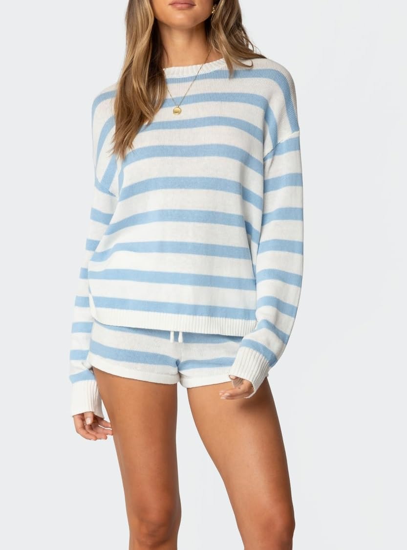 NUFIWI Women Striped Knit Sweater Set 2 Piece Outfit Oversized Long Sleeve Sweater and Shorts Matching Lounge Sets - Image 2
