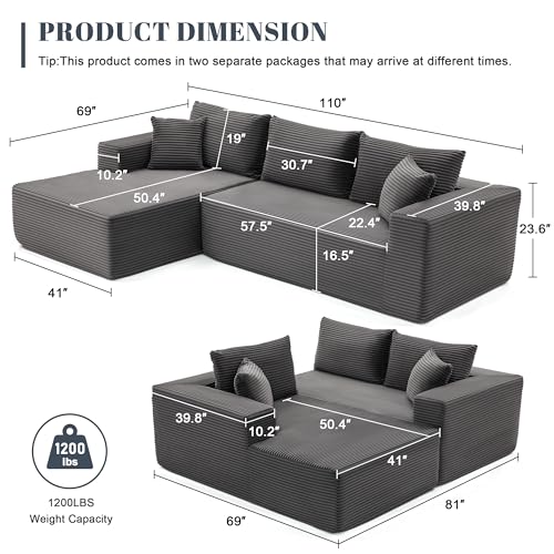 110” Cloud Sectional Couch, Boneless Sofa for Living Room, Modular Sectional Sofa with Deep Seat, Comfy Fluffy Couch with L-Shaped Chaise, No Assembly Required (Left-Facing Chaise, Dark Grey)