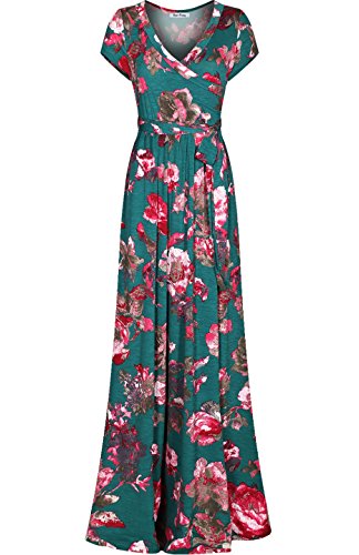 Bon Rosy Women's Short Sleeve V-Neck Floral Maxi Bohemian Wrap Dress Dark Green S