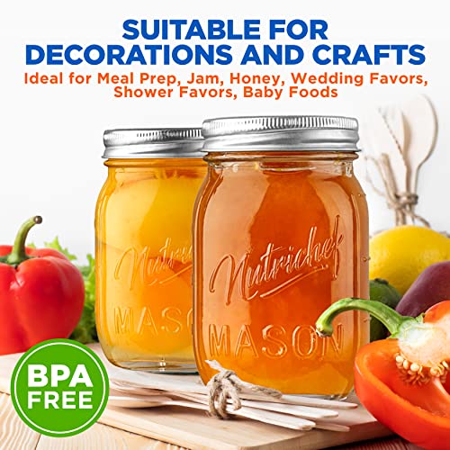 Nutrichef Mason Jars With Lids - 16Oz Diy Magnetic Spice Jar Glass Container W/Airtight Lid And Band - Ideal For Meal Prep, Overnight Oats, Jelly, Jam, Honey, Candles, Crafts, Wedding Favors (6 Pcs) #TOP5