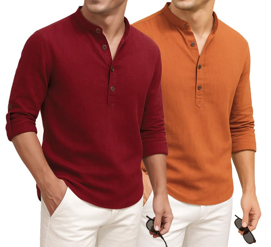 Image of DEELMO Combo of Men's Cotton Blend Solid Regular Fit Full Sleeve Short Kurta | Men's Trendy Short Kurta Pack of 2