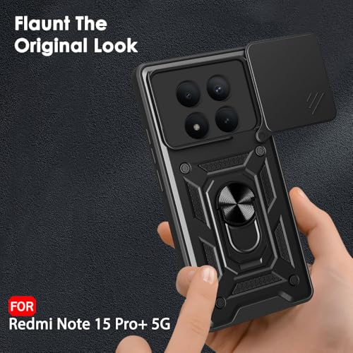 Image of TheGiftKart Tough Armor Bumper Back Cover Case for Mi Redmi Note 15 Pro Plus 5G | Kickstand & Ring Holder | 360 Protection Back Cover for Redmi Note 15 Pro+ (PC & TPU, Rotating Camera Cover, Black)