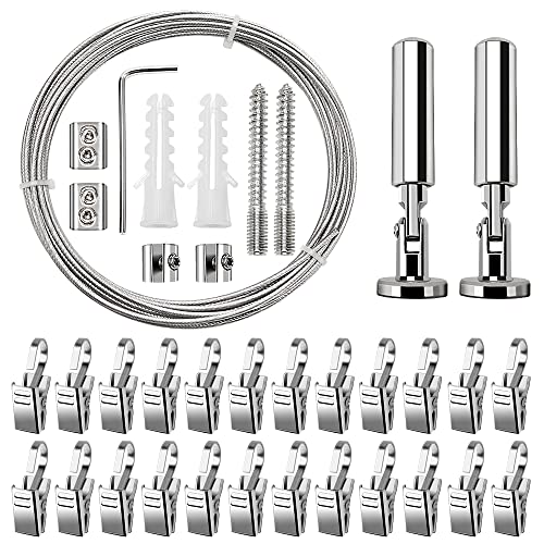 YIXISI 5m Wandhalterung Set, mit 24 Stück Metall Clips Haken, Edelstahl Vorhangdraht, Gardine Stahlseil, für Foto-Draht, Wäscheleine, Draht, Fenster, Vorhang, Spanndraht