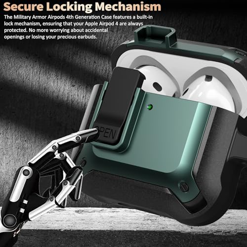 Image of Olytop for Airpods 4 Case with Lock Clid, Rugged Apple Airpods 4th Generation Cover 2024 Men Women, Armor Shockproof iPod 4 Gen Protective Hard Shell with Carabiner&Cleaner kit,Black /Green