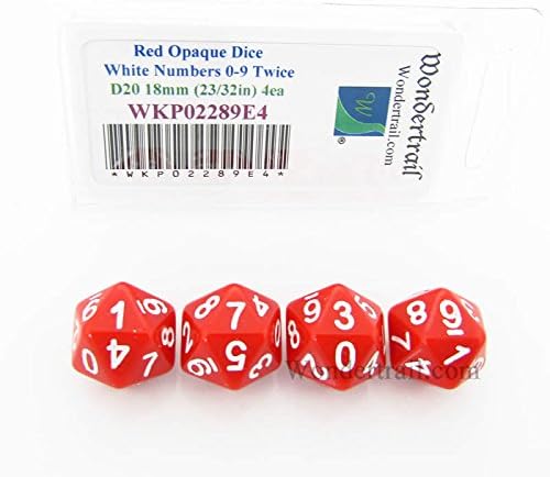 Red Opaque Dice with White Numbers D20 (0 - 9 Twice) 18mm (23/32in) Pack of 4 Wondertrail