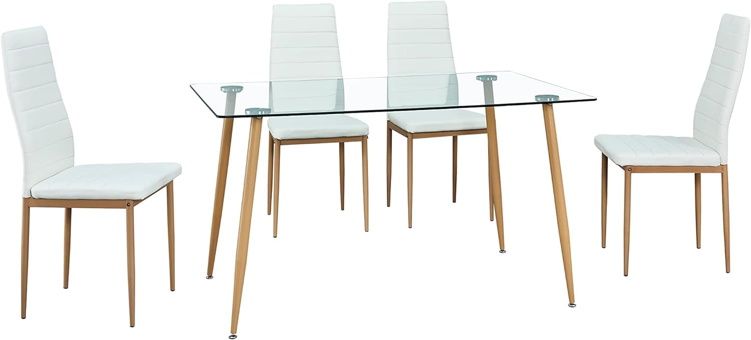 Pack Mesa + 4 sillas - Mesa de Cristal (120x80) + 4 sillas Estructura metálica - Acabado Cambrian/Blanco