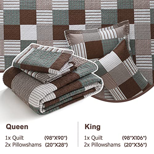 Image of Finlonte Quilts Queen Size - 100% Cotton Queen Comforter Set Brown Green White Plaid Farmhouse Quilt Bedding Set, Reversible Lightweight Soft Bedspread, Quilted Coverlet All-Season, 3-Piece