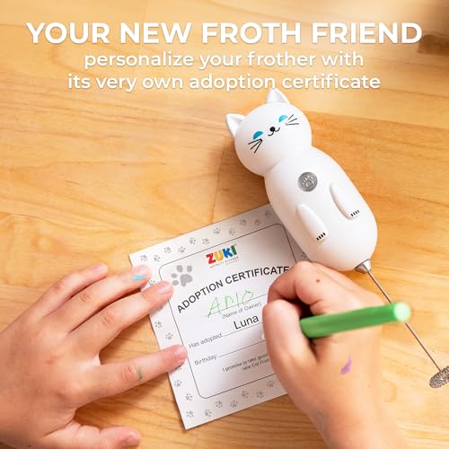 Image of Zulay Kitchen Cat Milk Frother Wand - Cutesy Frother, Meet Your New Frothing Buddy Luna The Cat, Adoption Papers and Stickers Included, Purrr-fect for Lattes, Cappuccino & Matcha - White