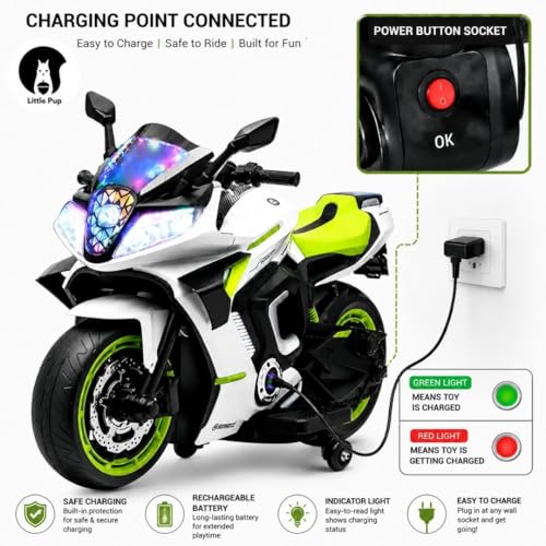 Image of LITTLE PUP Yamaha R9 Battery Operated Bike for Kids | Electric Bike for Child | LED Light & Music | Baby Ride on Toy Rechargeable Battery | for Kids to Drive 2 to 10 Years Boys and Girls (Green)