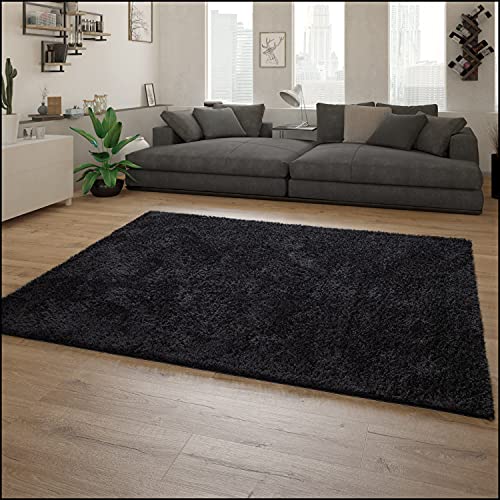 Paco Home Tapis À Poils Longs, Shaggy Doux Moderne Salon Aspect Flokati, Uni, Dimension:80x150 cm, Couleur:Noir