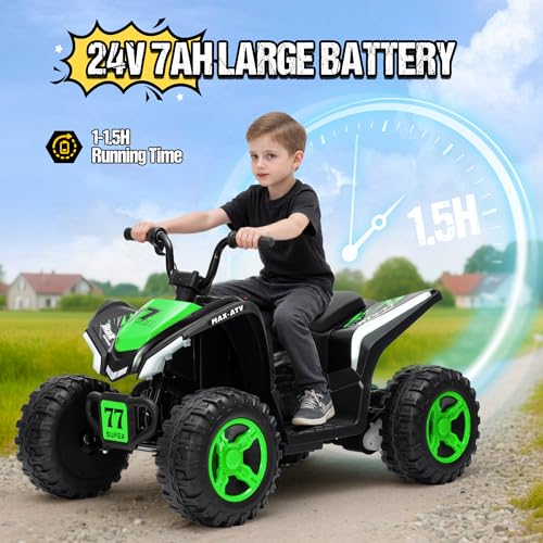 Image of Kids ATV 4 Wheeler, Two Seater 24V Ride On Toy for Big Kid w /Unique LED Light, Music, Wireless, Story, 24 Volt Ride on Car Electric Quad for Boys Girls (Green)