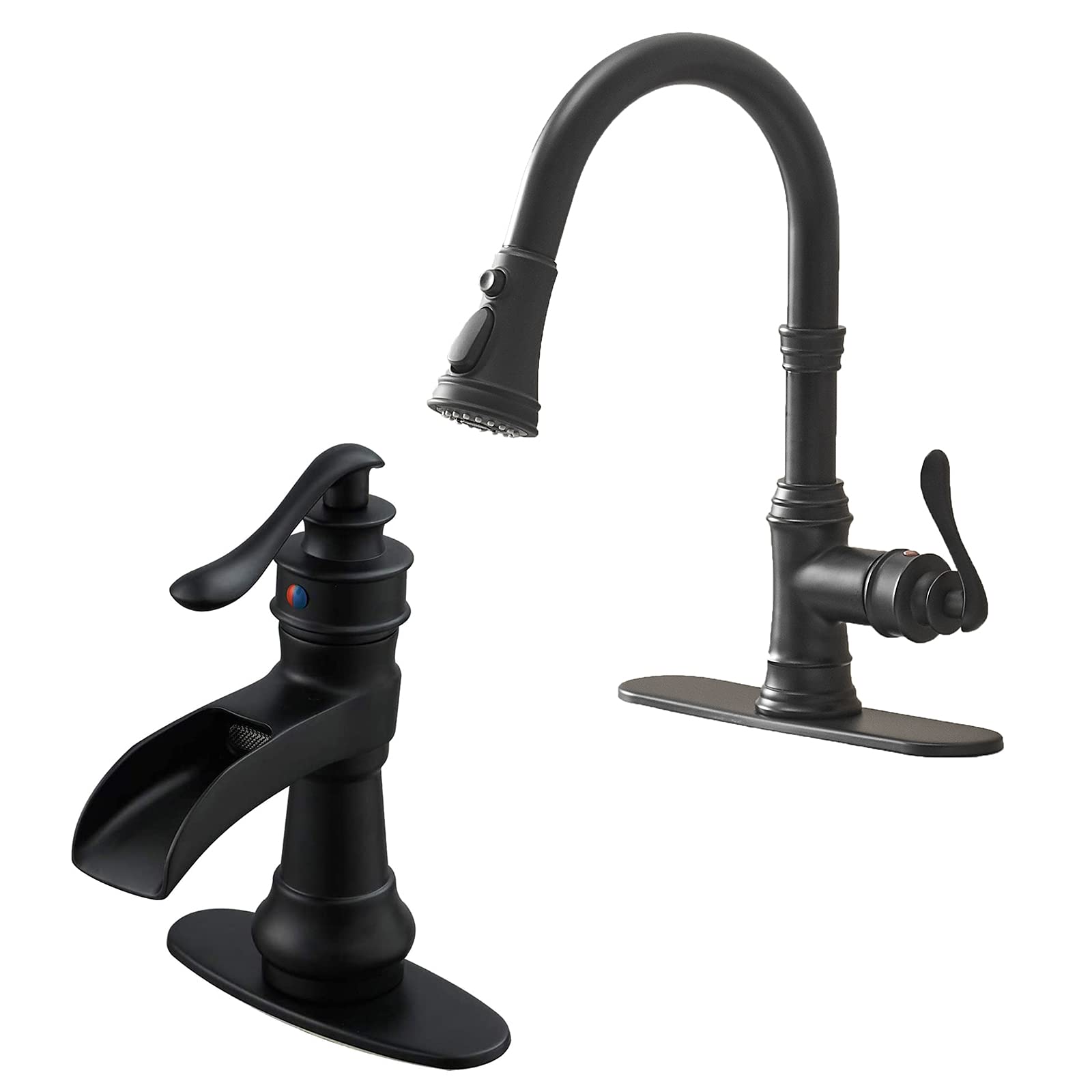 Nfusrxmbk Black Bathroom Sink Faucet Waterfall Single Hole With Kitchen Sink Faucet With Pull Down Sprayer 3 Mode Outlet