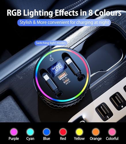 Cargador de coche retráctil USB de 4 puertos y adaptador mechero con RGB 7
