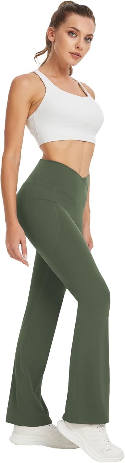 Women's Yoga Pants with Pockets No Front Seam Crossover High Waisted Flare Leggings Tummy Control Bootcut Pants - Image 6