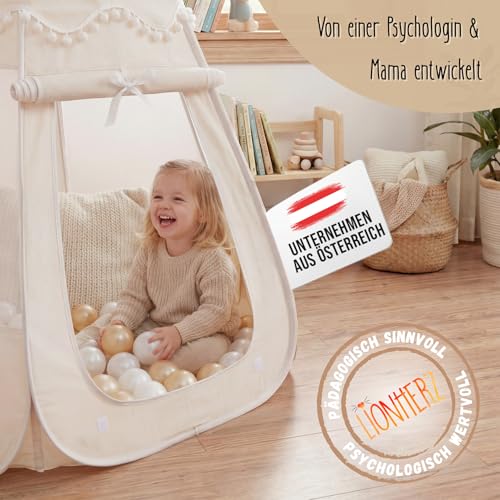 LIONHERZ® DAS ORIGINAL 2in1 Bällebad-Spielzelt für Kinder aus Baumwolle/Hanf [115x93cm] Pop-up Kinderzelt [faltbar & atmungsaktiv] Baby Ballzelt & Spielhaus Indoor | Jungen & Mädchen (Cremeweiß)