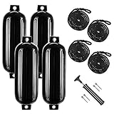 VINGLI 4-Pack Ribbed Boat Fender, 8.5 x 27 inch, with Ropes & Inflator, for 20-30 ft. Boat, Small Sailboat, Ski Boat etc.… (Black, 8.5 x 27 in.)