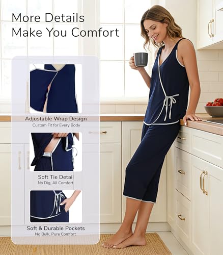 Image of NACHILA Pajamas Set for Women-Viscose Made from Bamboo, Sleeveless Pjs Cool V Neck Sleepwear Soft Capri Pants Pajama Sets
