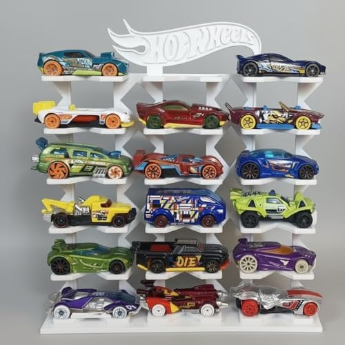 Image of Premium 18-Car Display Rack in Pure White for Hot Wheels & 1:64 Scale Cars, Eco-Friendly Biodegradable Plastic, 24 cm H x 22.3 cm B x 4.8 cm W (***Toy Cars NOT Included***)