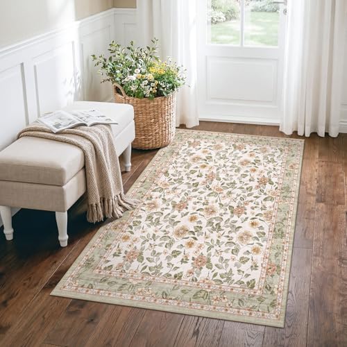 3x4 Floral Washable Entryway Rug - Non Slip Vintage Door Mat Low Pile Stain Resistant Home Decor for Bathroom Kitchen Pet Friendly 3x4 Light Beige