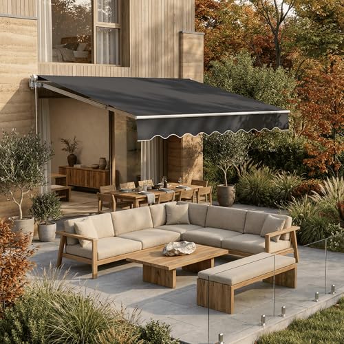 UISEBRT Markies voor balkon, aluminium luifel met scharnierarm, 250 cm breed, balkonluifel, zonwering, handmatige klemarm, zonnescherm met handslinger, waterdicht, donkergrijs (300 x 250 cm)