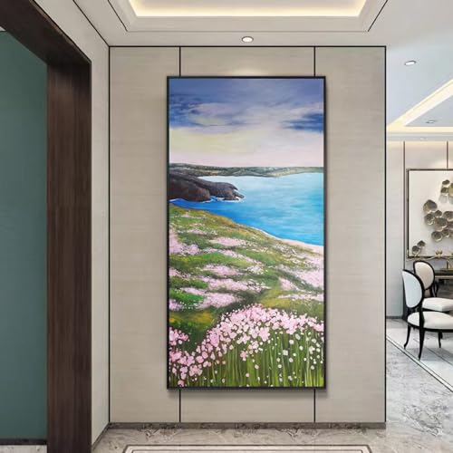 Tableau Peinture Huile Sur Toile Abstrait,Décoration Murale Originale Peinte À La Main, Fleurs Créatives Et Vue Sur La Mer, Peinture À L'Huile Peinte À La...