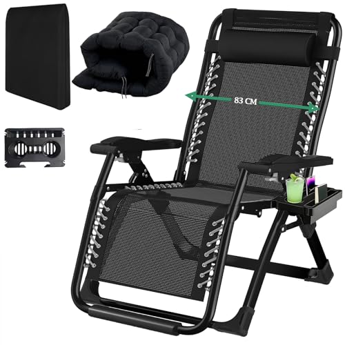 Fiutazge 83cm Ultra Ancho Tumbonas Jardin Exterior,Tumbona Plegable con Cojín Acolchado,Reposacabeza ExtraíBle y Portavasos,Reposapiés Mejorado para Terraza,Salón,Playa o Piscina,Negro