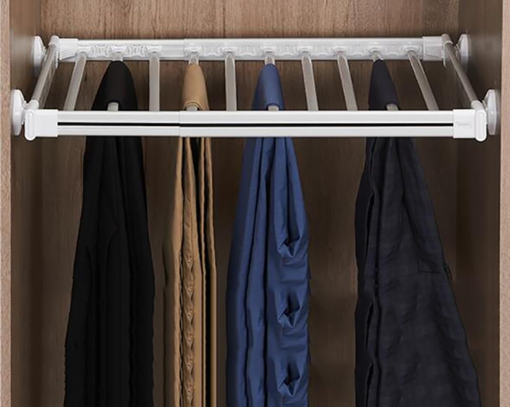JUJINGUSA Pull Out Closet Pants Hanger Trousers Rack, Retractable Wardrobe Trousers Rack Invisible Clothes Drying Rack Space Saving(White,Small)