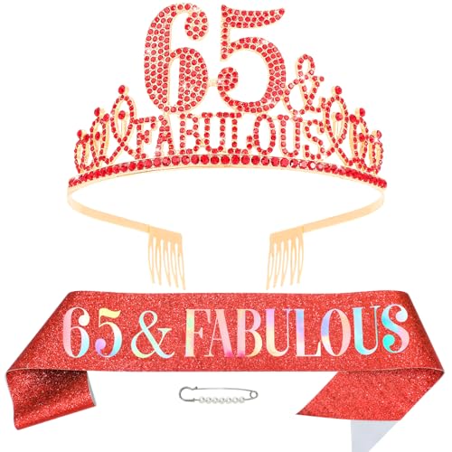 Hapdoo Red 65th Birthday Decorations for Women Happy 65th Birthday Gifts Sash and Crown for Women Red Crown 65 & Fabulous Sash Party Supplies