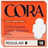 Cora Ultra Thin Organic Cotton Period Pads, Regular Absorbency, with Wings & Dry Wicking Technology (New 18 Count)