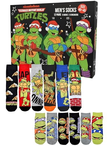 United Labels Calendario de Adviento de Tortugas Ninja Mutantes Adolescentes con 12 pares de calcetines para hombres, talla 40-45, calendario con zapatillas y calcetines largos, regalo de calendario