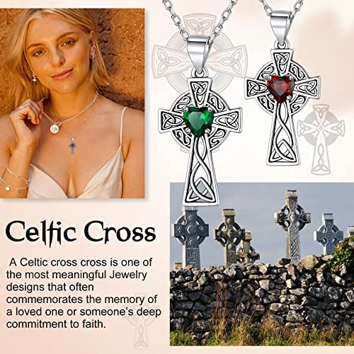 Bestyle Silver Celtic Cross Necklace with 12 Month Heart Birthstone, Dainty Celtic Birthstone Necklace Silver Chain for Women Faith Irish Amulet Lucky Birthstone Jewelry3