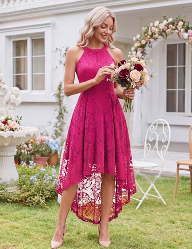 Image of Dressystar Women Halter Lace Wedding Guest Dress Hi-Lo Cocktail Party Bridesmaid Formal Dresses