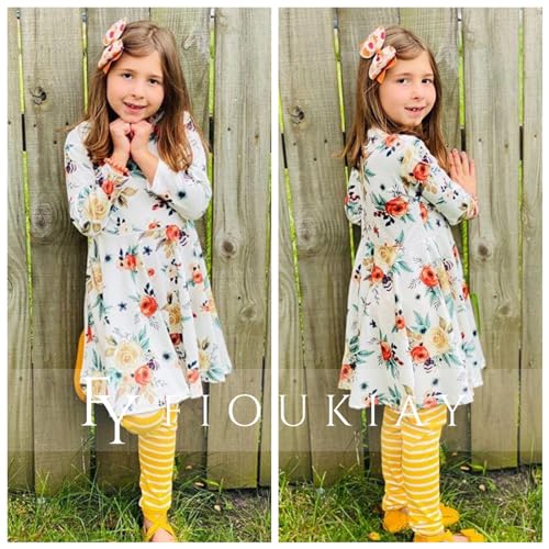 Image of Toddler Baby Girls-Fall-Clothes-Set Little Girls Floral Plaid Highlow Tunic Tops+Leggings Outfits Boutique Clothing