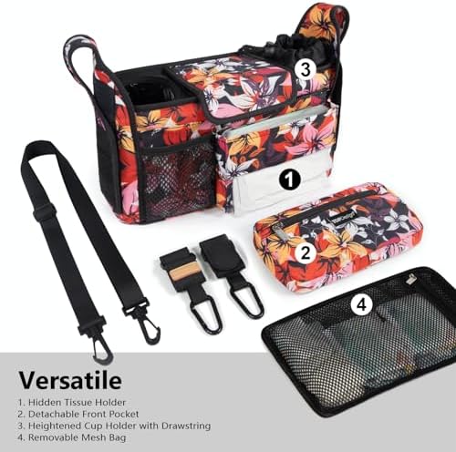 TOPDesign Universal Baby Stroller Organizer, Stroller Caddy with Detachable Mesh Bag & Heightened Insulated Cup Holders & Non-Slip Secure Hooks Accessories, Fits Most Strollers (Five Petal Flower) - 1