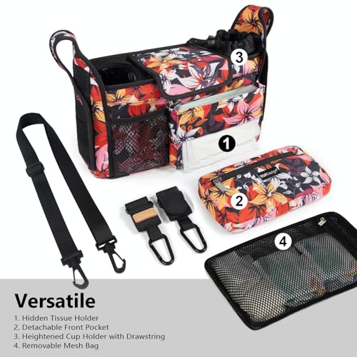 Image of TOPDesign Universal Baby Stroller Organizer, Stroller Caddy with Detachable Mesh Bag & Heightened Insulated Cup Holders & Non-Slip Secure Hooks Accessories, Fits Most Strollers (Five Petal Flower)