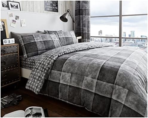 GC GAVENO CAVAILIA Checkered Duvet Cover, Warm & Cosy Checked Bedding Sets King Size With Pillow Cases, Grey