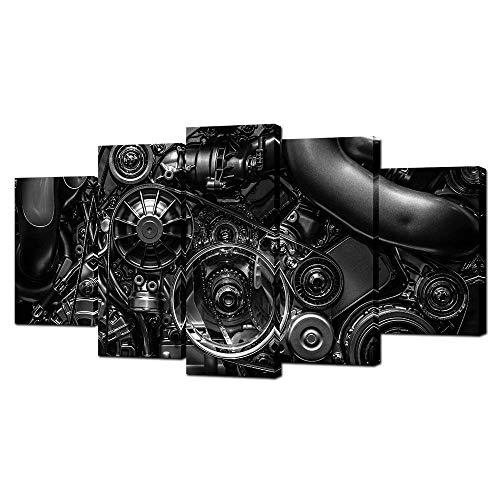 Vvovv Wall Decor - 5 Piece Canvas Prints Engine Engineering Closeup Gear And Chain Black And White Photos Wall Art Modern Home Decor Stretched And Framed Ready To Hang(60Inchx32Inch) #TOP5