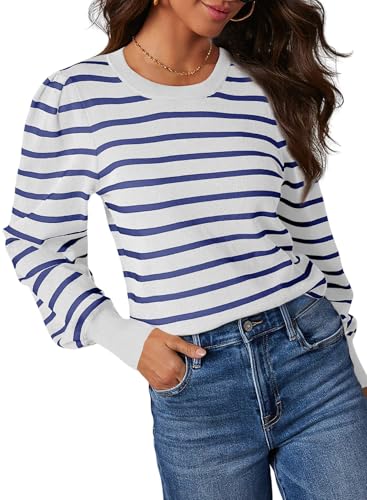 Image of Dokotoo Women's Striped Sweaters Puff Long Sleeve Crewneck Ribbed Knit Pullover Jumper Tops