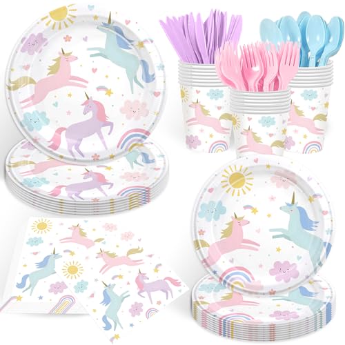 168PCS Unicorn Party Supplies Pastel Rainbow Unicorn Birthday Decorations Kit Sun Cloud Paper Plates Napkin Cups Forks Knives Favors for 24 Guests