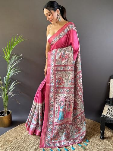 Image of Panzora Women's Tussar Silk Madhubani Printed Saree With Unstitched Blouse Piece