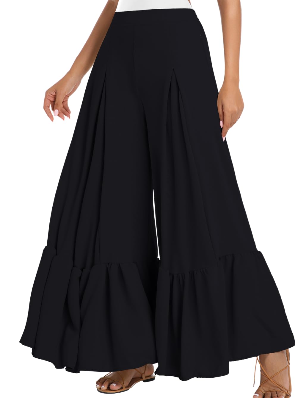 Kaei Shi Women Casual Palazzo Loose Pants Flowy Ruffle Wide Leg Baggy Pant Summer