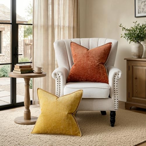 Image of a moment Pack of 2 Decorative Chenille Throw Pillow Covers with Twill Cushion Covers for Sofa Living Room Couch Bed 22x22 Inch,Crafted Border Yellow