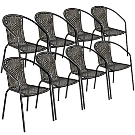 Tangkula 8 Pieces Patio Rattan Dining Chairs, No Assembly All-Weather Wicker Stackable Chairs with Curved Backrest and Armrests, Outdoor Bistro Chair Set for Backyard, Garden, Poolside (8, Grey)