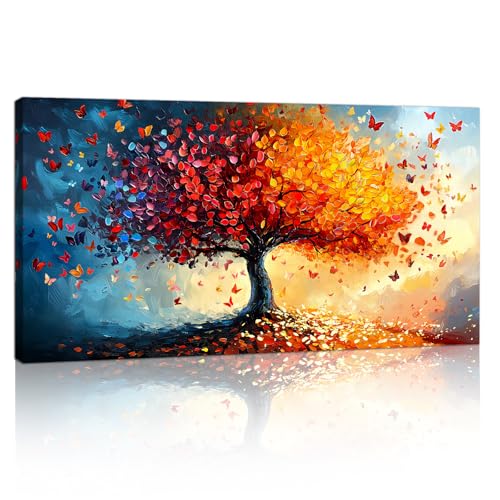 Orange Rouge Arbre de vie Arbre Cadre en Bois Grande Impression sur Toile Colorée Papillons Arbres...