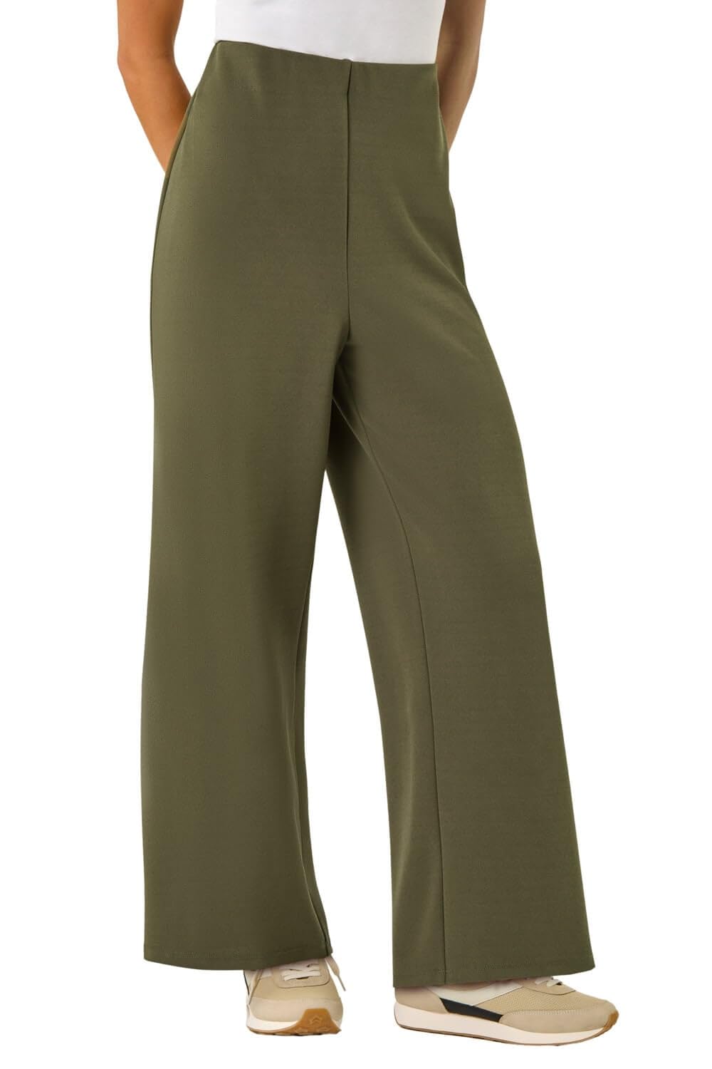 Roman Women's Khaki Petite Wide Leg Stretch Trouser In | Size: 16