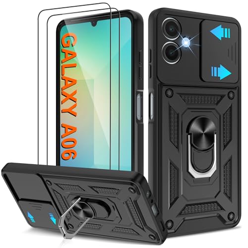 ATUMP for Samsung Galaxy A06 Case, Galaxy A06 Case with [2 Pcs] HD Screen Protector, Heavy Duty Shockproof with 360° Rotation Kickstand [Military Grade] Protective Case for A06, Black